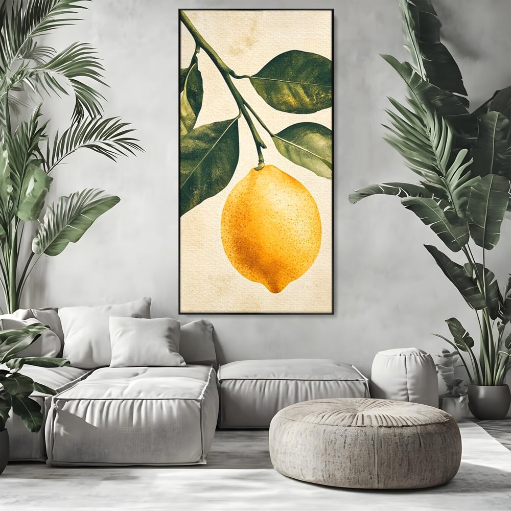 Tablou canvas cu ilustratie botanica cu lamaie si frunze, in rama de aluminiu negru, pe perete intr-un living